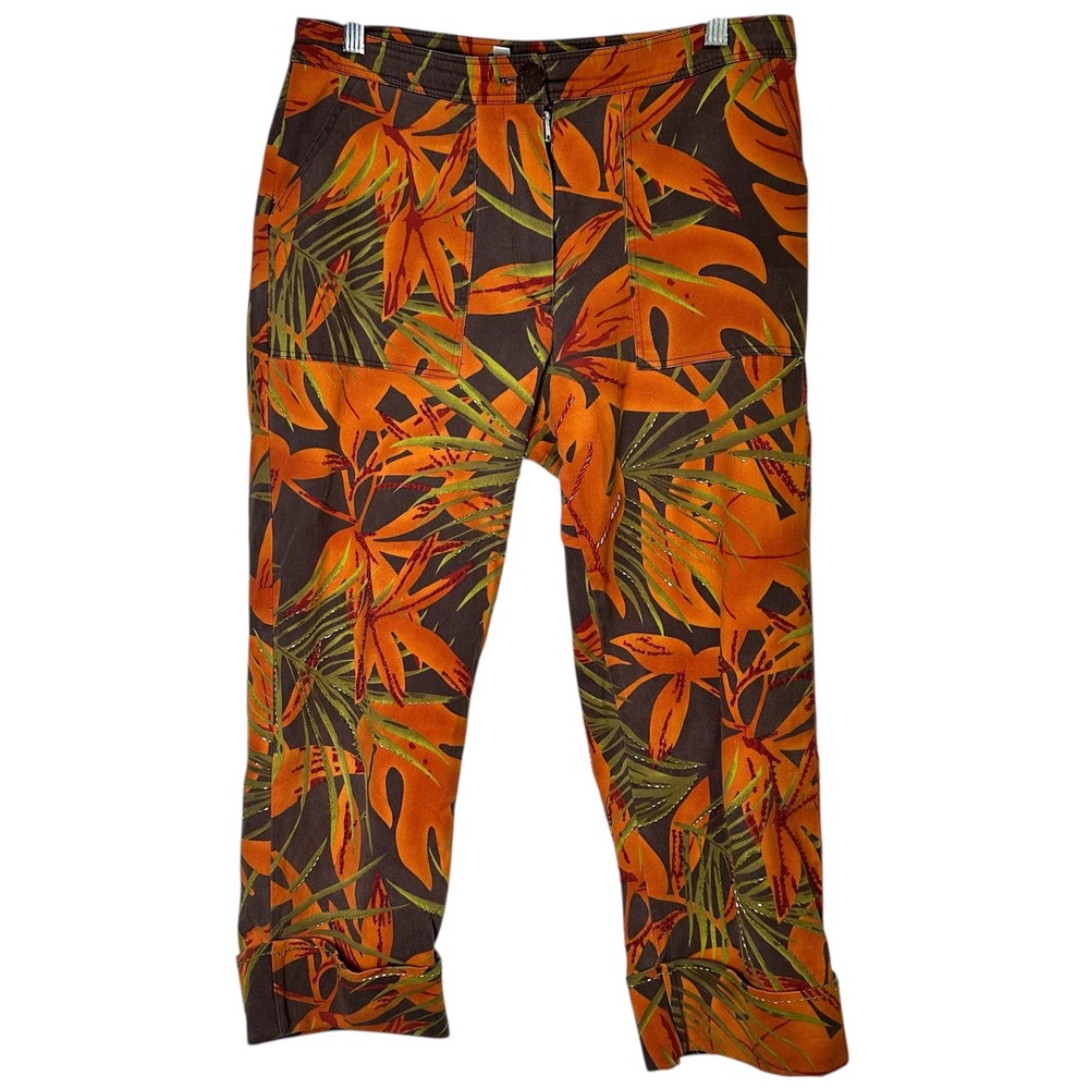 Haven Bleu Tropical Floral Cropped Pants Women‎ Size 8 Orange Brown Beaded Boho